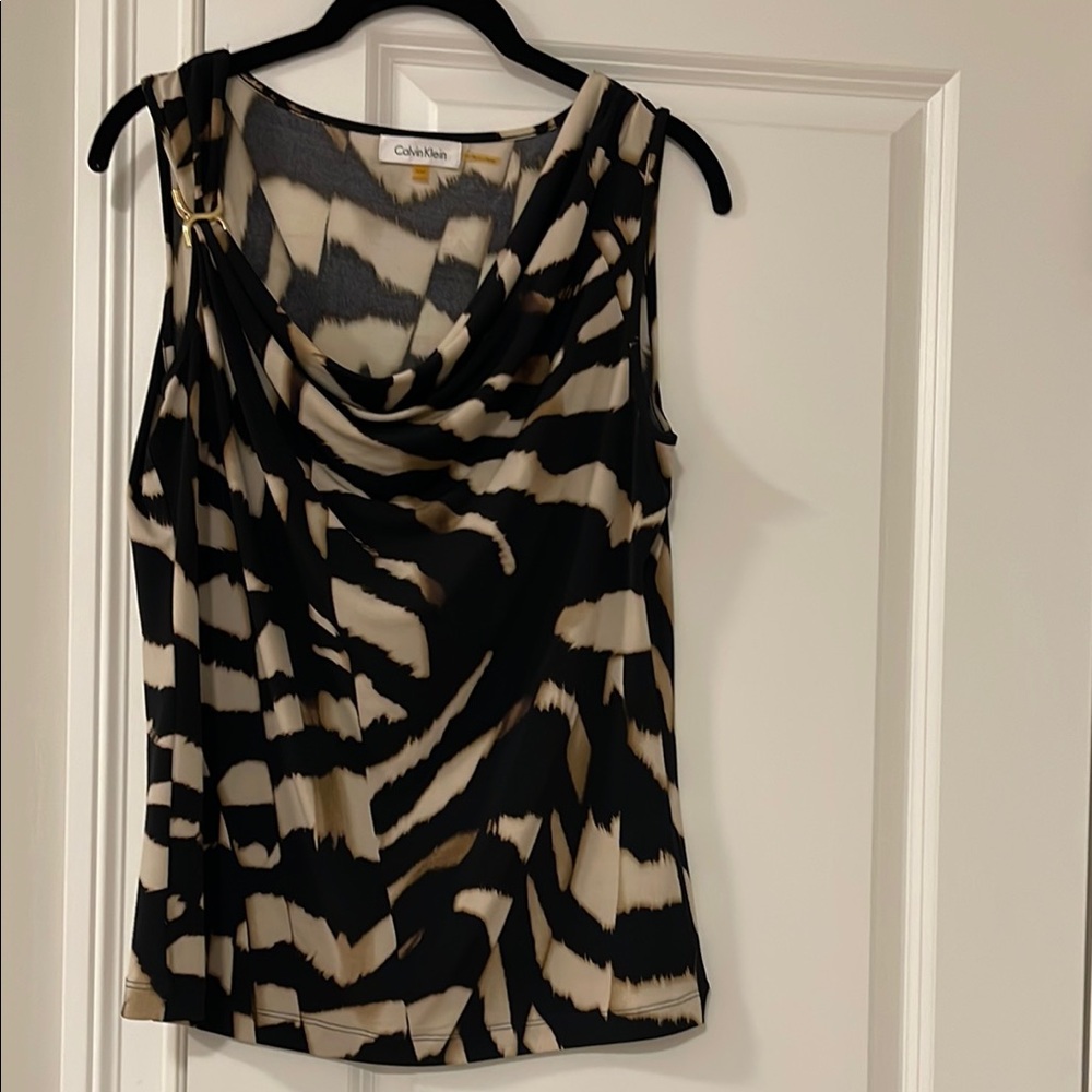 Calvin Klein Petite Black and Tan Draped Sleeveless Blouse